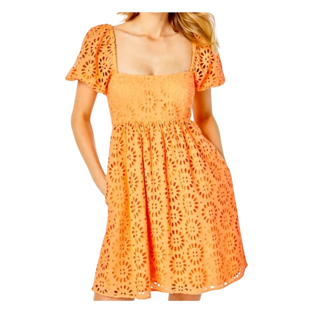 Lilly Pulitzer Kay Dress Cantaloupe Orange Eyelet Puff Sleeve Babydoll Dress 10